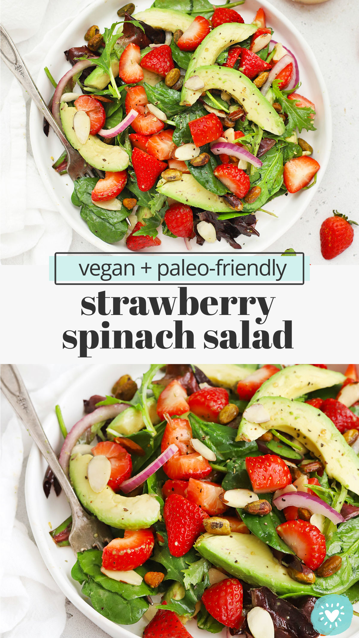 Strawberry Spinach Salad - This strawberry spinach salad recipe is light, bright, and so easy! You'll love the tangy dressing! (Vegan, Paleo) // Paleo Strawberry Spinach Salad // Vegan Strawberry Spinach Salad // Healthy Strawberry Spinach Salad // Gluten-Free Strawberry Spinach Salad // Spring Salad // summer salad recipe