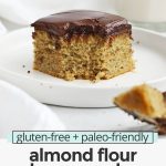 Front view of a slice of almond flour banana cake on a white plate with a bite taken out of it with text overlay that reads "gluten-free + paleo-friendly almond flour banana cake: light + fluffy + simple"