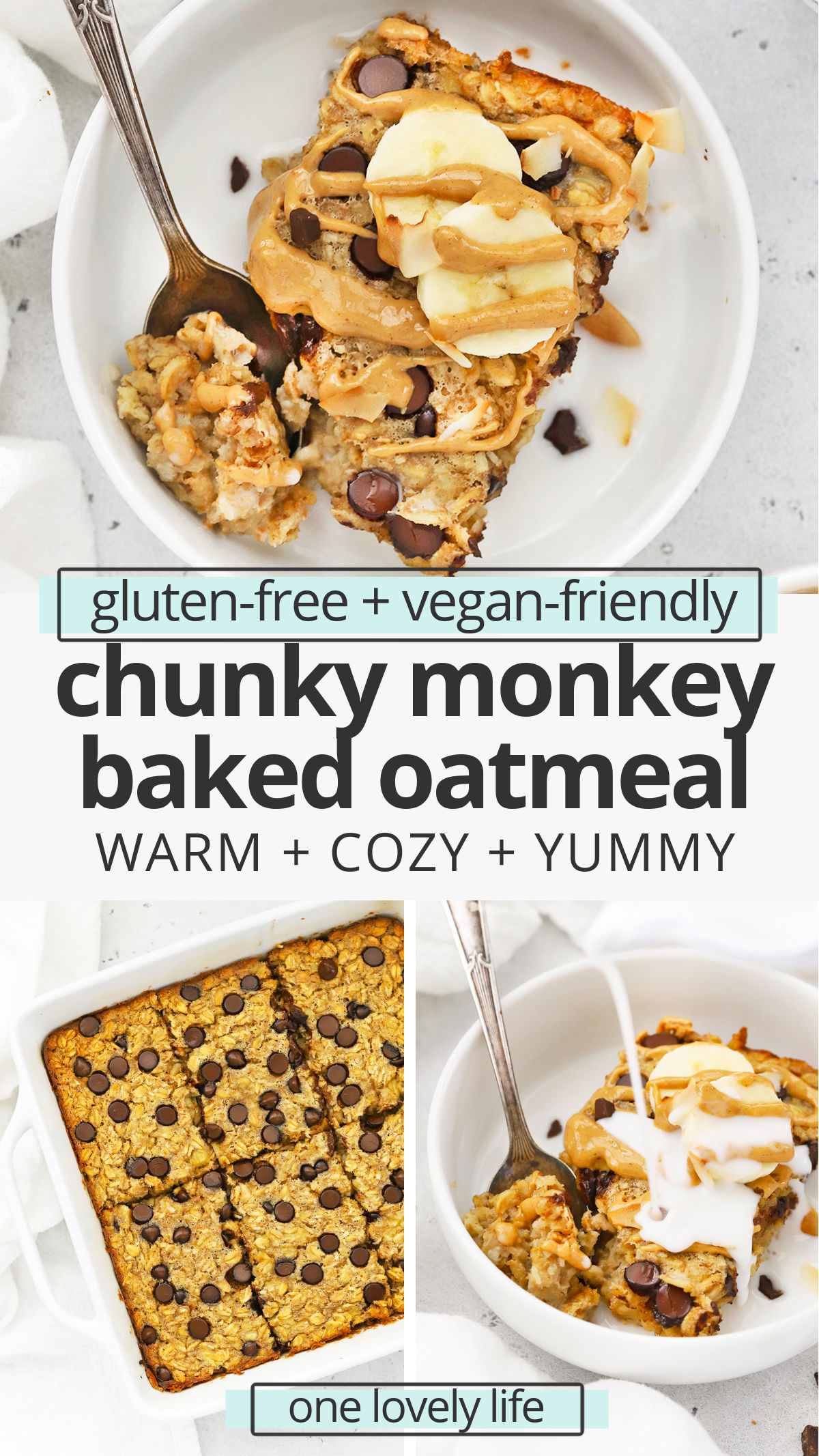Chunky Monkey Baked Oatmeal - This peanut butter banana baked oatmeal is loaded with goodies like coconut and chocolate chips to make any morning feel special. (Gluten-Free, Vegan-Friendly) // Peanut Butter Banana Baked Oatmeal Recipe // Healthy Baked Oatmeal // Healthy Breakfast #bakedoatmeal #glutenfree #chunkymonkey #oatmeal #healthybreakfast