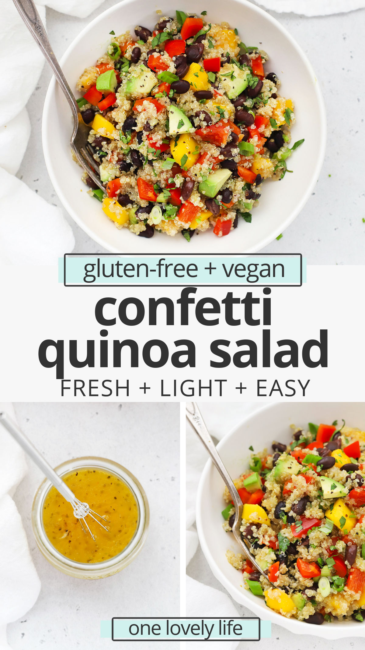 Confetti Quinoa Salad with Lime Dressing- One of my family's all time favorite recipes, this colorful healthy quinoa salad is perfect for picnics, potlucks, barbecues, lunches, meal prep, and more! (Gluten-Free, Vegan) // Healthy Quinoa Salad Recipe // Tex-Mex Quinoa Salad #quinoasalad #glutenfree #vegan #salad