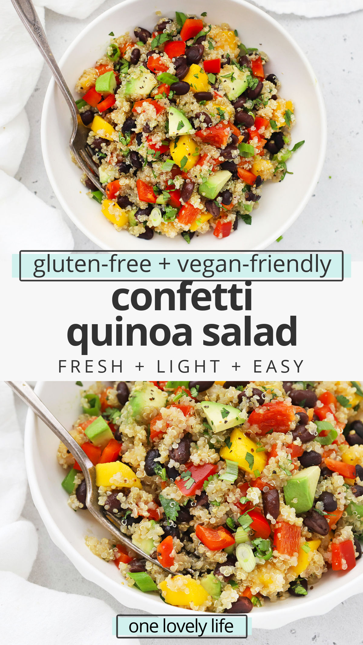 Confetti Quinoa Salad with Lime Dressing- One of my family's all time favorite recipes, this colorful healthy quinoa salad is perfect for picnics, potlucks, barbecues, lunches, meal prep, and more! (Gluten-Free, Vegan) // Healthy Quinoa Salad Recipe // Tex-Mex Quinoa Salad #quinoasalad #glutenfree #vegan #salad