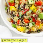 Front view of a bowl of Confetti Quinoa Salad in a white bowl on a white background with text overlay that reads "gluten-free + vegan-friendly confetti quinoa salad: fresh + light + easy"