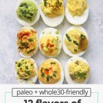 12 flavors of deviled eggs arranged on a white background