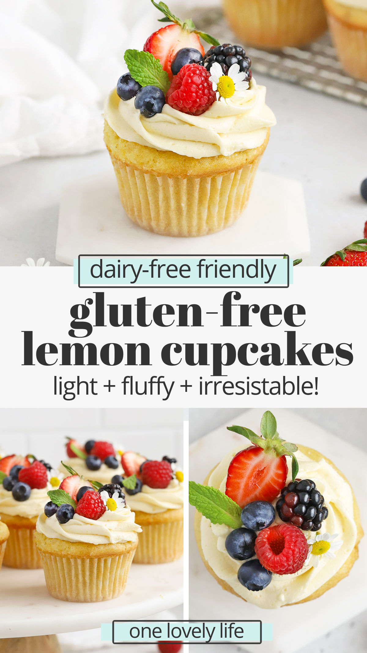 Gluten-Free Lemon Cupcakes with Lemon Frosting. These light, fluffy lemon cupcakes are lovely for any special occasion! (Dairy-Free Friendly) // Dairy-Free Lemon Frosting // Dairy Free Lemon Cupcakes // Lemon Buttercream // Dairy Free Lemon Buttercream // Gluten Free Cupcakes // Gluten Free Lemon Cupcakes Recipe // Gluten-Free Cupcake Recipe