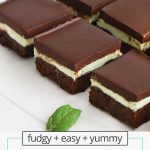 Front view of squares of gluten free mint brownies on a white background
