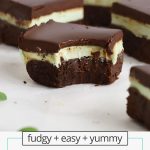 Front view of gluten-free mint brownie squares. One brownie has a bite taken out of it.