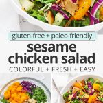 Collage of images of Sesame Chicken Salad with text overlay that reads "gluten-free + paleo-friendly sesame chicken salad: colorful + fresh + easy"