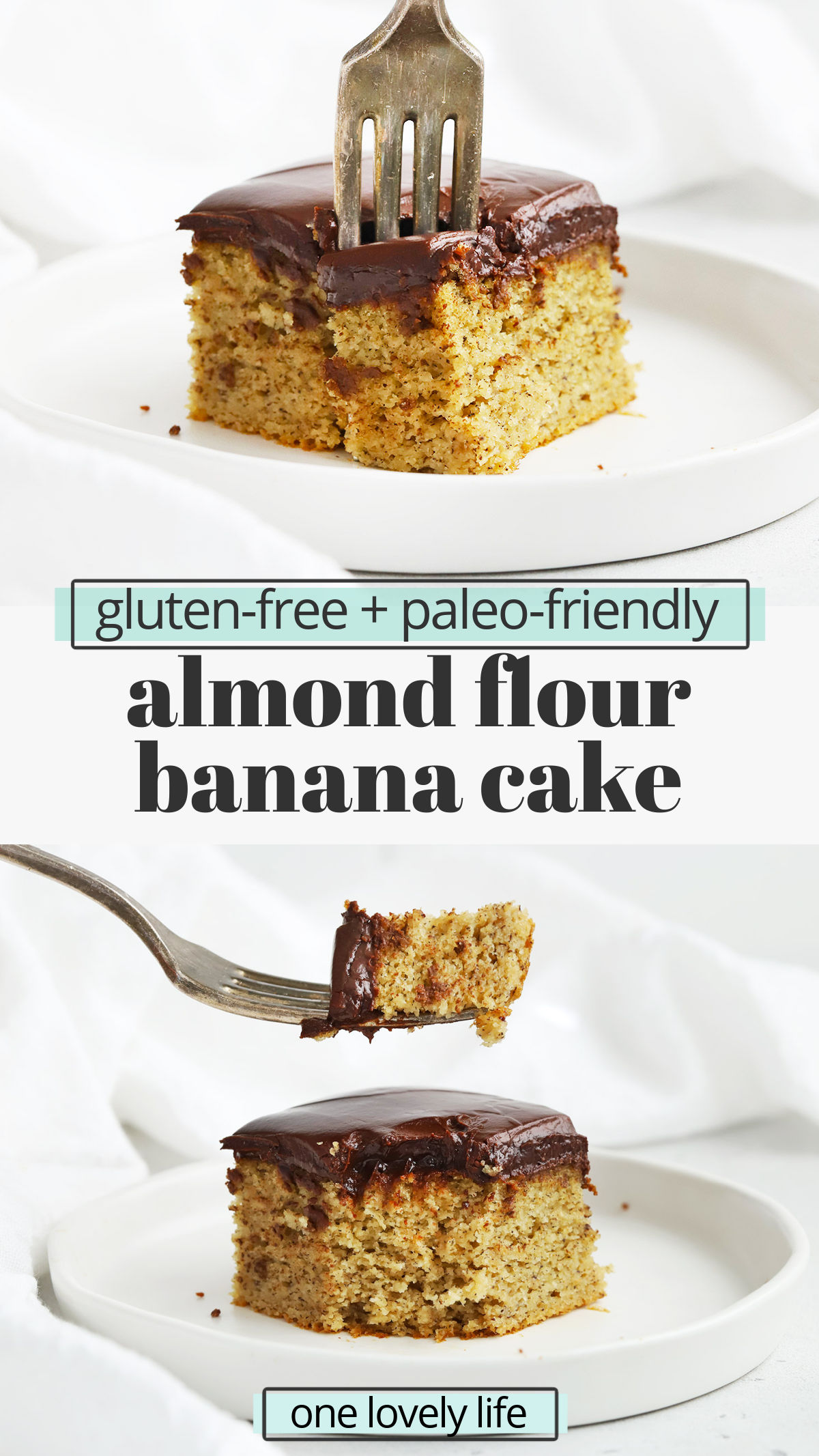 Almond Flour Banana Cake - This easy gluten-free banana cake with chocolate ganache is the perfect way to use up overripe bananas! (Healthy, paleo friendly, and absolutely amazing!) // Healthy Banana Cake // Paleo Banana Cake // Gluten Free Banana Cake // Banana Cake recipe // Almond Flour cake // smash cake #glutenfree #cake #bananacake #almondflour #paleo
