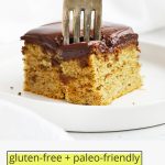 Front view of a fork taking a bite out of a slice of almond flour banana cake on a white plate with text overlay that reads "gluten-free + paleo-friendly almond flour banana cake"