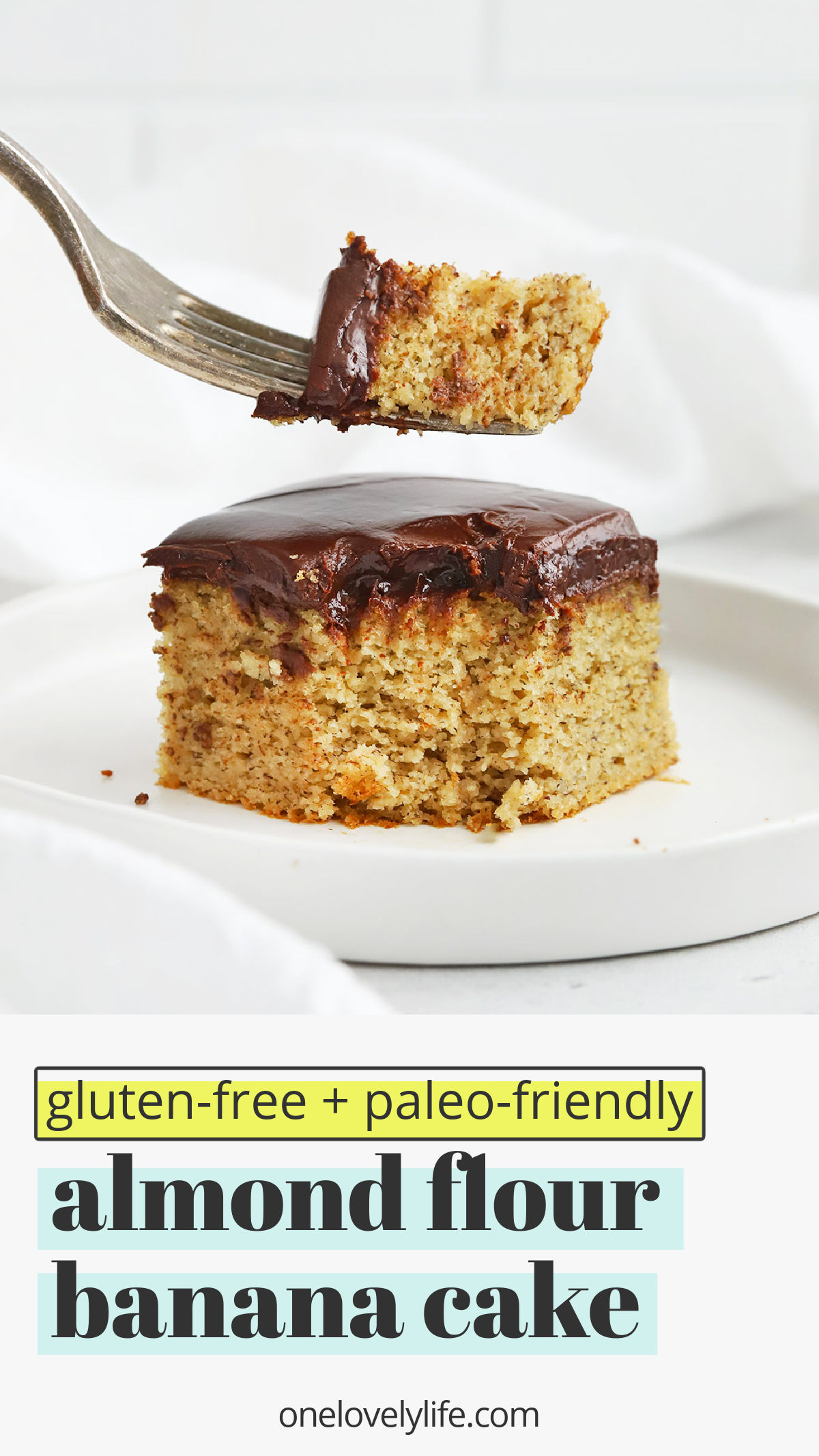 Almond Flour Banana Cake - This easy gluten-free banana cake with chocolate ganache is the perfect way to use up overripe bananas! (Healthy, paleo friendly, and absolutely amazing!) // Healthy Banana Cake // Paleo Banana Cake // Gluten Free Banana Cake // Banana Cake recipe // Almond Flour cake // smash cake #glutenfree #cake #bananacake #almondflour #paleo