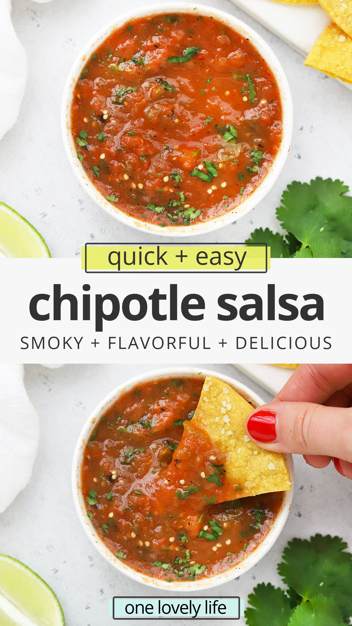 This Smoky Chipotle Salsa rivals our favorite restaurant salsa and tastes good on EVERYTHING. Mexican Restaurant Salsa Recipe // Salsa Roja // Tomato Tomatillo Salsa // Homemade Salsa recipe #salsa #chipotlesalsa #glutenfree #texmex #vegan