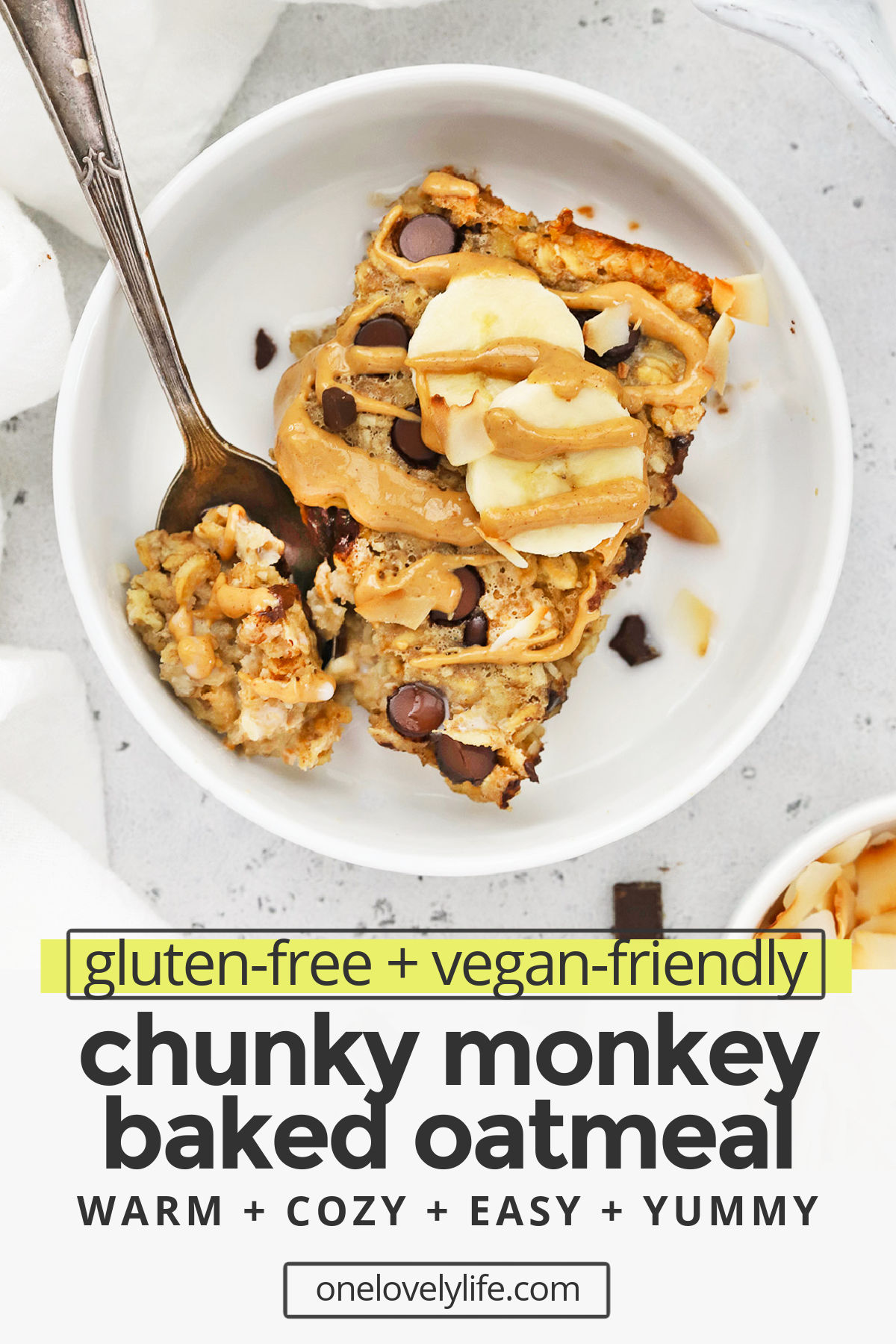 Chunky Monkey Baked Oatmeal - This peanut butter banana baked oatmeal is loaded with goodies like coconut and chocolate chips to make any morning feel special. (Gluten-Free, Vegan-Friendly) // Peanut Butter Banana Baked Oatmeal Recipe // Healthy Baked Oatmeal // Healthy Breakfast #bakedoatmeal #glutenfree #chunkymonkey #oatmeal #healthybreakfast