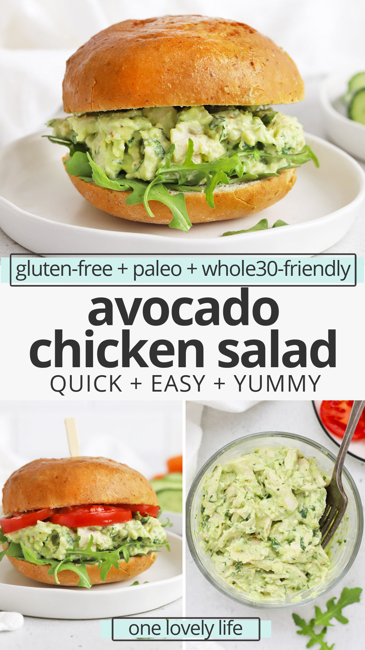 Avocado Chicken Salad - Tender chicken with creamy avocado sauce makes a delicious healthy lunch any day of the week! Try it on sandwiches, with crackers, in lettuce cups, and more! (Gluten-Free, Paleo, Whole30-Friendly) // Healthy Meal Prep Lunch // Whole30 Lunch // Paleo Lunch // Chicken Salad Recipe #glutenfree #mealprep #avocado #chickensalad #lunch #healthylunch