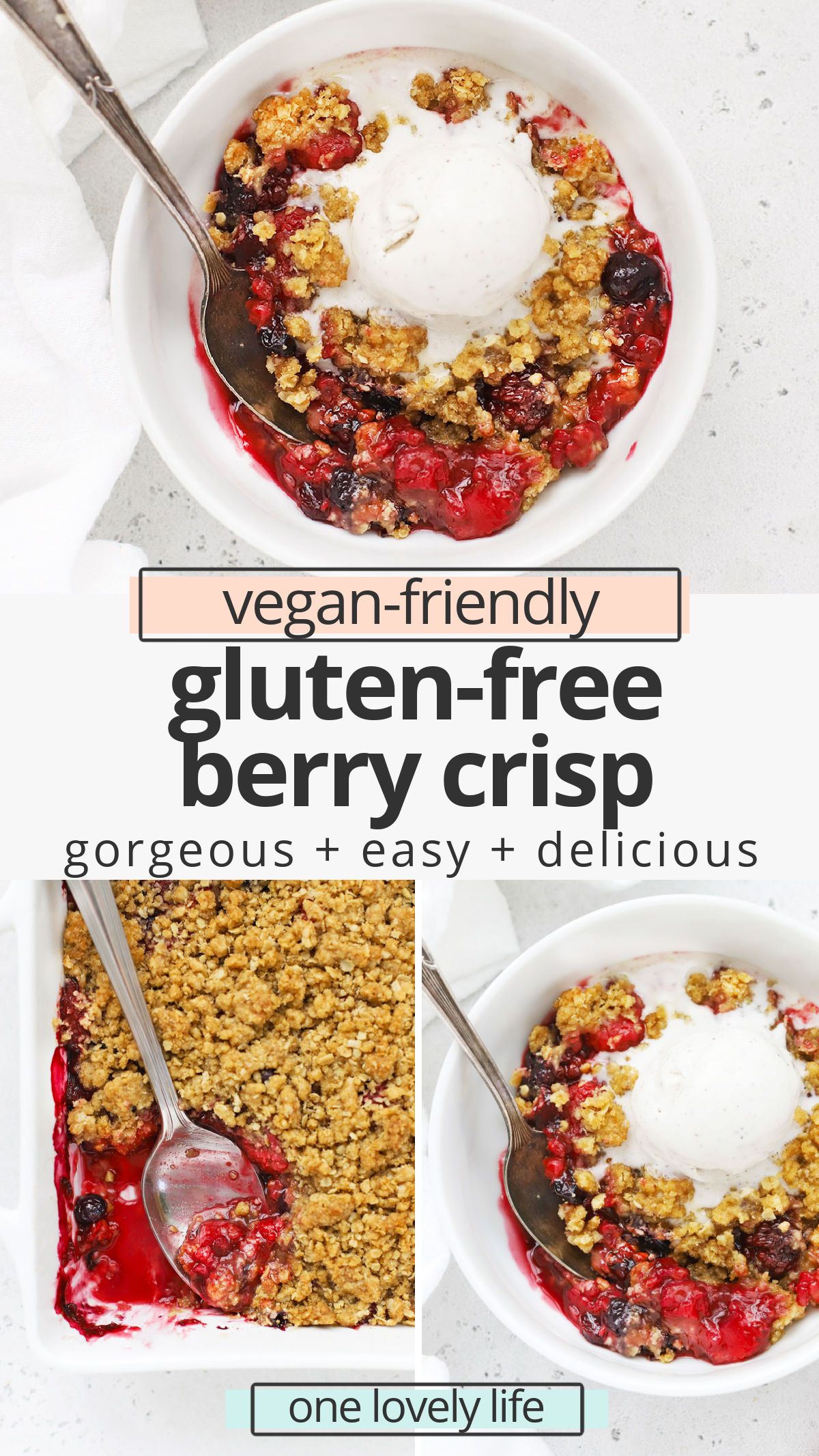Gluten-Free Berry Crisp - Colorful berries topped with a buttery crumble topping. You'll love this mixed berry crisp with a scoop of ice cream on top! (Gluten-Free, Vegan-Friendly) // triple berry crisp // mixed berry crisp recipe // vegan berry crisp // summer dessert // spring dessert // 4th of July dessert #glutenfree #berrycrisp #dessert