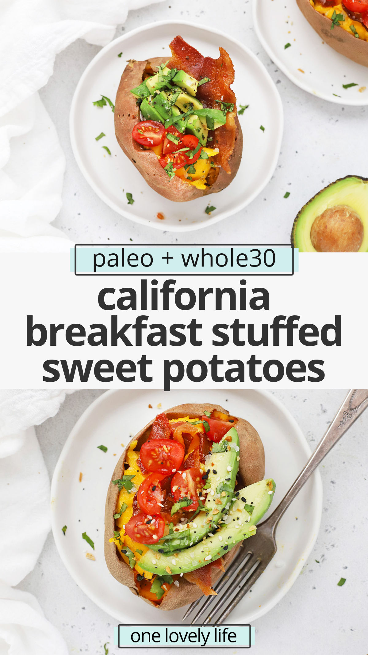 California Breakfast Stuffed Sweet Potatoes - This savory breakfast is loaded with goodies for a delicious start to the day! (Paleo, Whole30) // Whole30 breakfast // paleo breakfast // healthy breakfast // breakfast stuffed sweet potato recipe // gluten-free // stuffed sweet potatoes #breakfast #paleo #whole30 #healthy