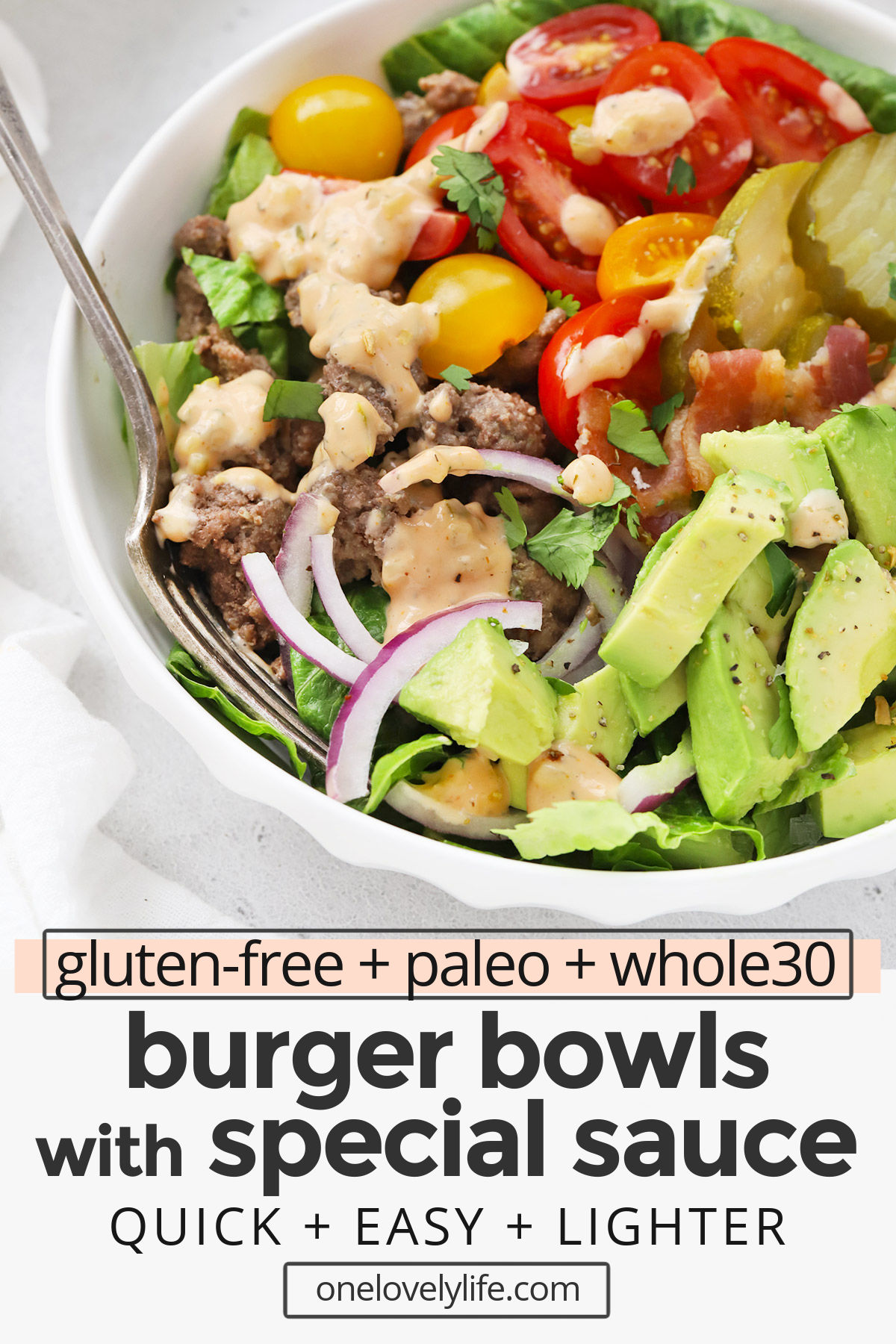 Burger Bowls with Special Sauce - Load all your favorite hamburger toppings onto a bed of greens and drizzle with our favorite special sauce to build an amazing burger salad. (Gluten-Free, Paleo & Whole30-Friendly) // Whole30 Burger Bowls // Special Sauce for Burgers // Paleo Burger Bowl // Burger Salad