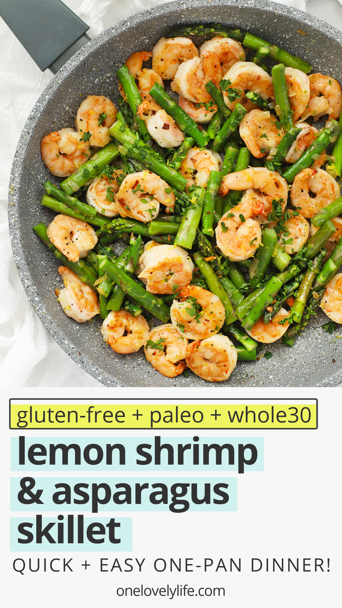Lemon Shrimp & Asparagus Skillet - This one pan lemon shrimp with asparagus comes together quickly and packs in SO much gorgeous flavor. It's a weeknight wonder! (Gluten-Free, Paleo & Whole30-Friendly) // Shrimp recipe // Low carb dinner // one pan dinner // healthy dinner // paleo dinner // whole30 dinner // skillet recipe #shrimp #onepan #healthydinner #lowcarb #glutenfree #paleo #whole30