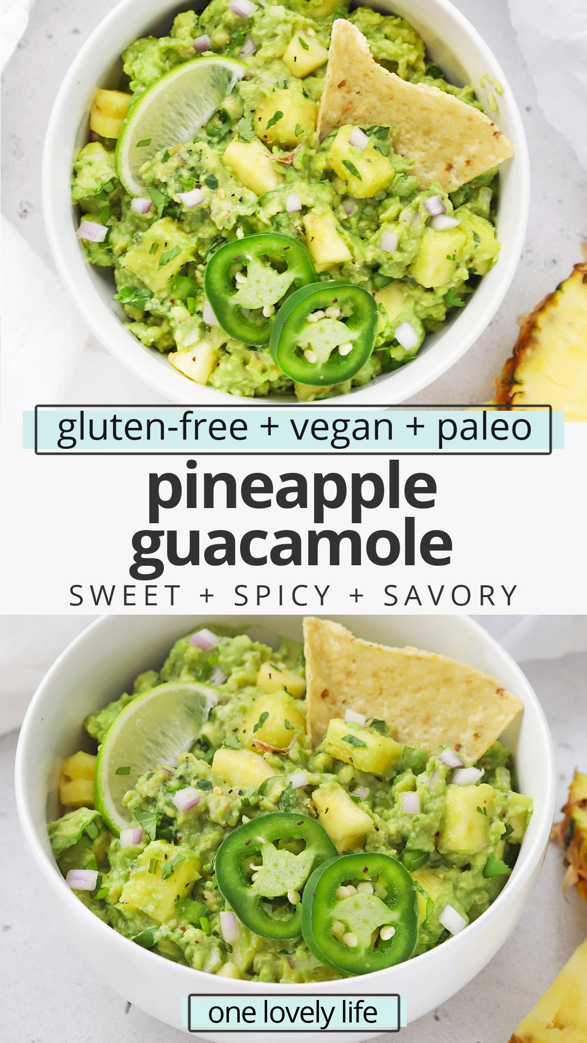 Pineapple Guacamole - Your favorite classic guacamole with a tropical twist! This sweet and spicy guacamole is delicious with all your Tex-Mex faves. Try all our ways to enjoy it below! (Gluten-Free, Paleo, Vegan) // Pineapple guacamole recipe // cinco de mayo // healthy appetizer #guacamole #healthyappetizer #appetizer #glutenfree #pineapple #paleo #vegan #whole30