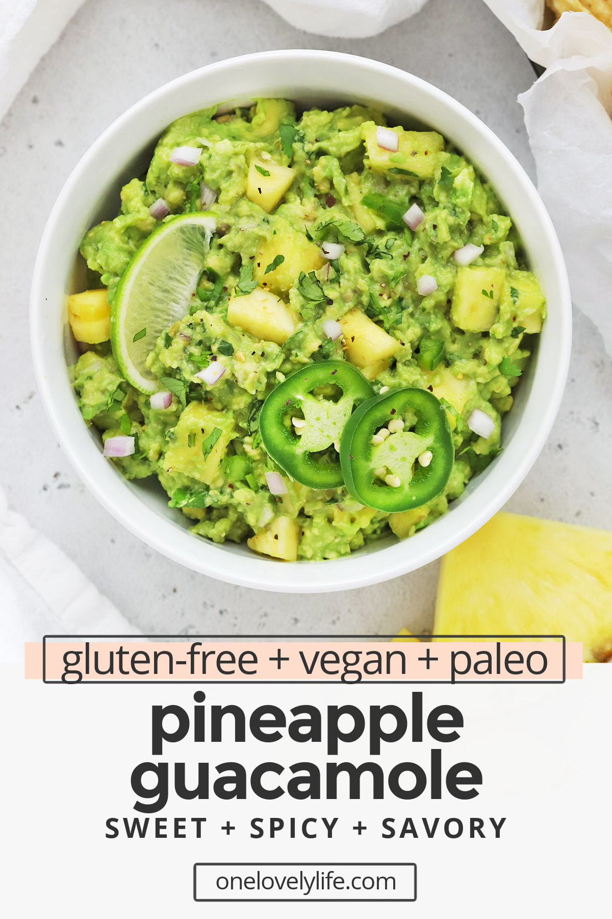 Pineapple Guacamole - Your favorite classic guacamole with a tropical twist! This sweet and spicy guacamole is delicious with all your Tex-Mex faves. Try all our ways to enjoy it below! (Gluten-Free, Paleo, Vegan) // Pineapple guacamole recipe // cinco de mayo // healthy appetizer #guacamole #healthyappetizer #appetizer #glutenfree #pineapple #paleo #vegan #whole30