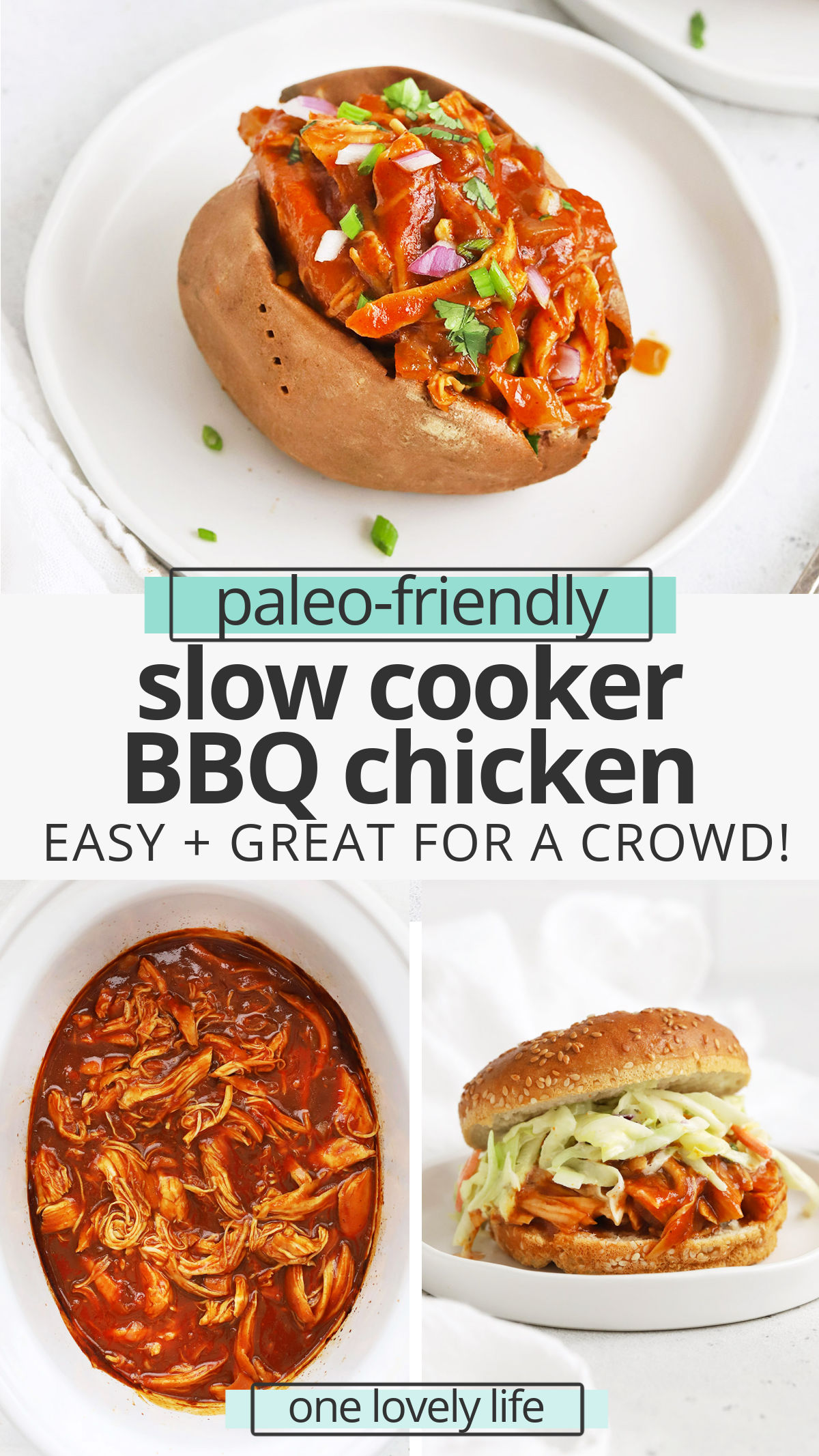 Slow Cooker BBQ Chicken - This tender crockpot barbecue chicken makes for delicious sandwiches, salads, pizzas & more! (Paleo-Friendly) // Crock Pot BBQ Chicken // Slow Cooker Barbecue Chicken Recipe // Slow Cooker Chicken // Summer recipe // Dinner for a crowd #bbq #chicken #slowcooker #easydinner