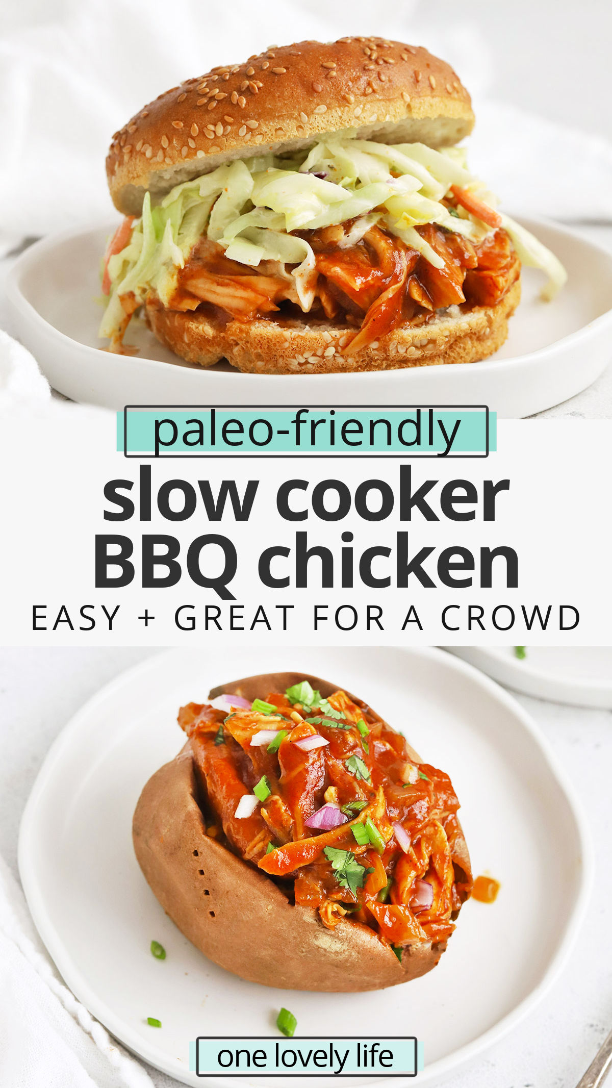 Slow Cooker BBQ Chicken - This tender crockpot barbecue chicken makes for delicious sandwiches, salads, pizzas & more! (Paleo-Friendly) // Crock Pot BBQ Chicken // Slow Cooker Barbecue Chicken Recipe // Slow Cooker Chicken // Summer recipe // Dinner for a crowd #bbq #chicken #slowcooker #easydinner