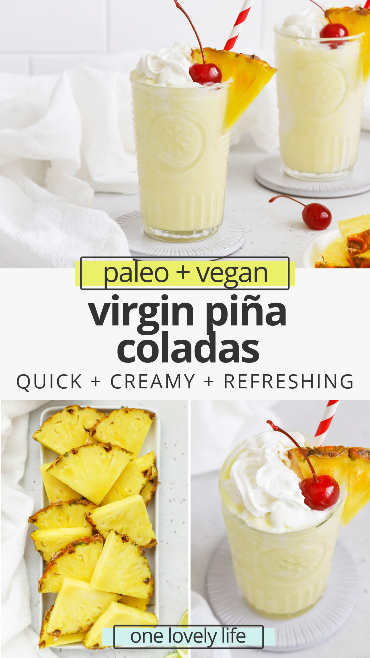 Virgin Piña Coladas - These frozen piña colada smoothies are so refreshing on a hot day! (Naturally sweetened, paleo & vegan) // Pina Colada Smoothie // Frozen Pina Colada // Pina Colada Mocktail // Healthy Pina Colada // Skinny Pina Colada // Summer Drink #mocktail #nonalcoholic #pinacolada #vegan #paleo