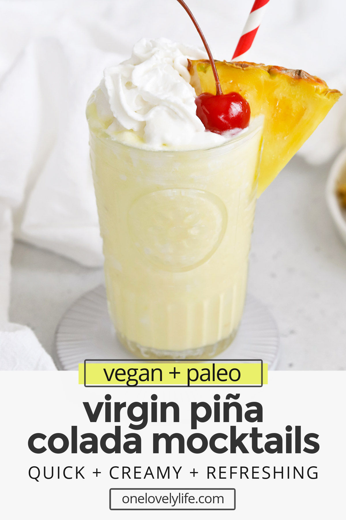 Virgin Piña Coladas - These frozen piña colada smoothies are so refreshing on a hot day! (Naturally sweetened, paleo & vegan) // Pina Colada Smoothie // Frozen Pina Colada // Pina Colada Mocktail // Healthy Pina Colada // Skinny Pina Colada // Summer Drink #mocktail #nonalcoholic #pinacolada #vegan #paleo