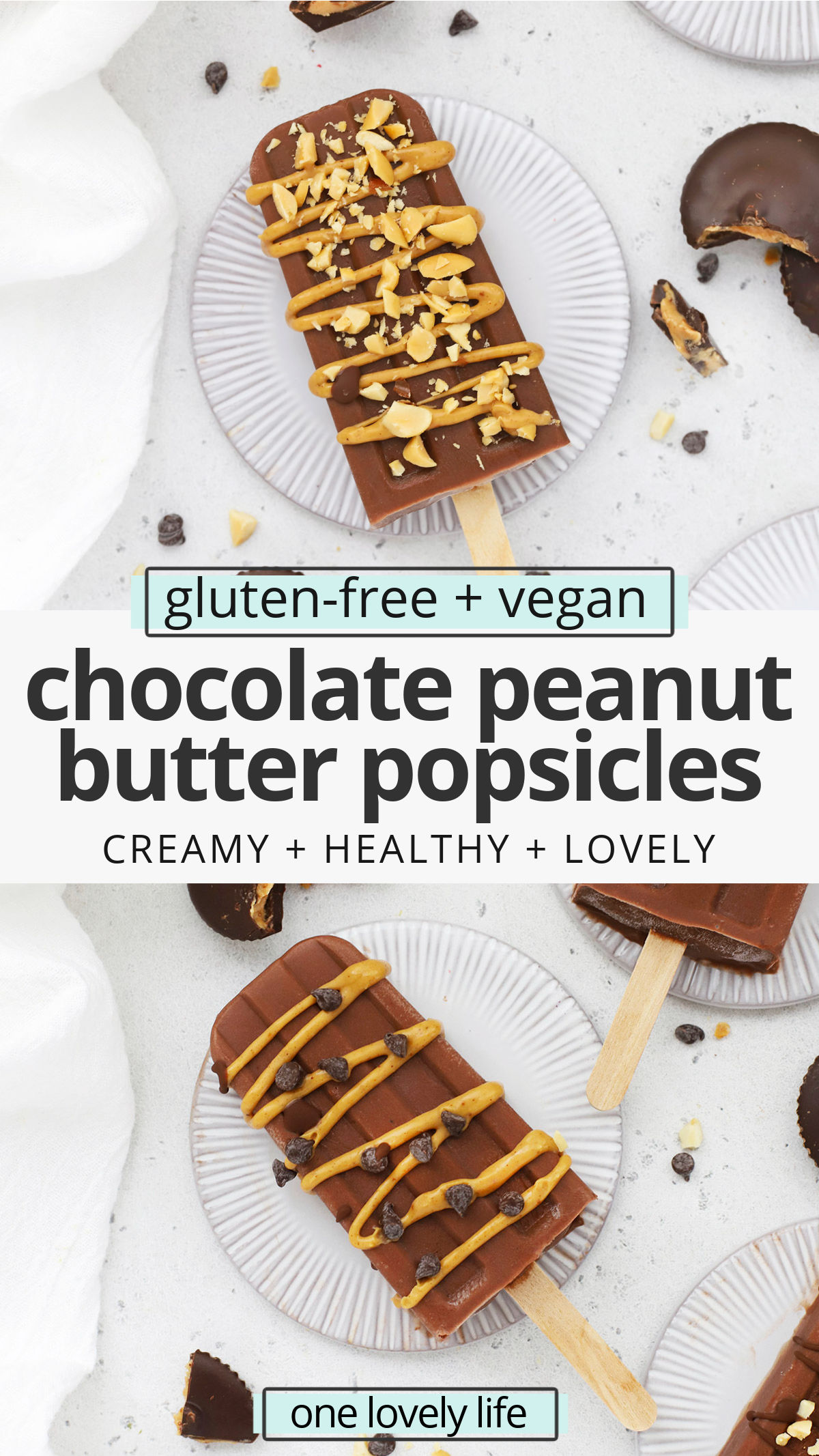Chocolate Peanut Butter Popsicles (Vegan) - These healthy chocolate peanut butter popsicles feel like such a delicious treat! Creamy, naturally-sweetened, and totally delicious (vegan, gluten-free) // Vegan Chocolate Peanut Butter Popsicles // Chocolate Peanut Butter Banana Popsicles // Healthy Popsicle Recipe // chocolate popsicle // peanut butter fudge popsicles // peanut butter popsicles