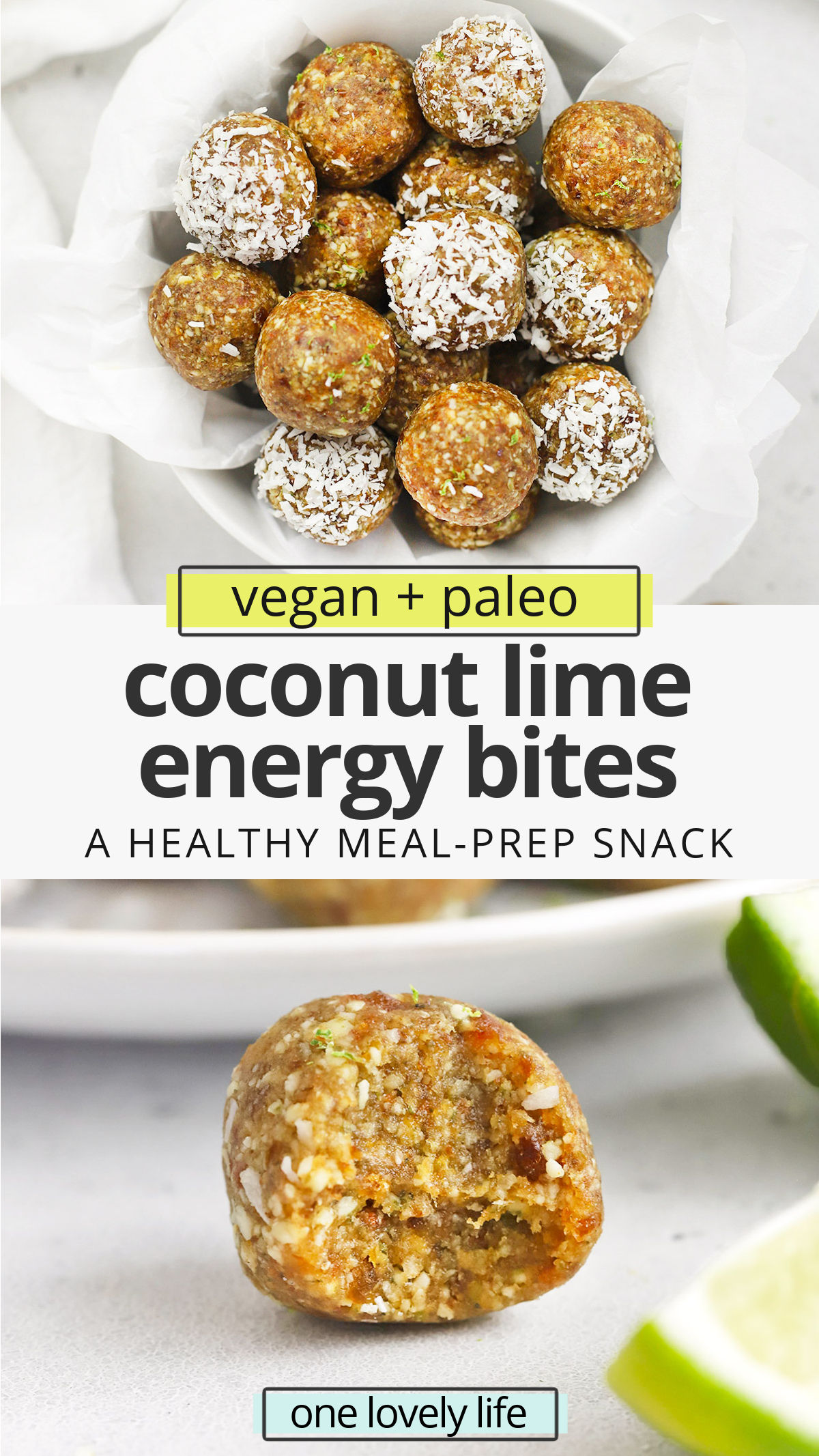 Coconut Lime Energy Bites - These nut-free lime energy bites are perfect for meal prep, healthy snacking, or packing in lunches. (Gluten free, vegan, and paleo approved!) // Nut Free snack // Nut free lunch idea // Nut free energy bites // #paleo #vegan #nutfree #energybites #energyballs