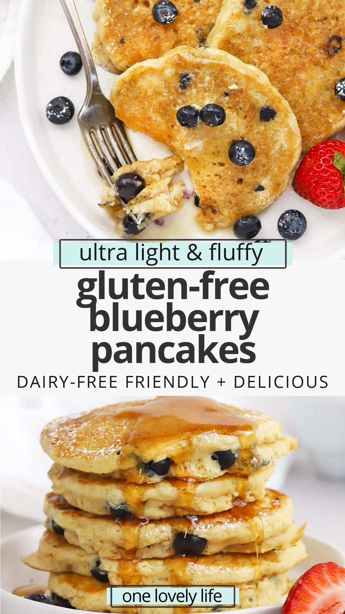 Fluffy Gluten-Free Blueberry Pancakes - These impossibly light, fluffy blueberry buttermilk pancakes are gluten-free, dairy-free & absolutely delicious. // gluten free blueberry pancakes recipe // dairy free blueberry pancakes // the best gluten-free blueberry pancakes // Gluten Free buttermilk blueberry pancakes #pancakes #blueberry #glutenfree #glutenfreepancakes