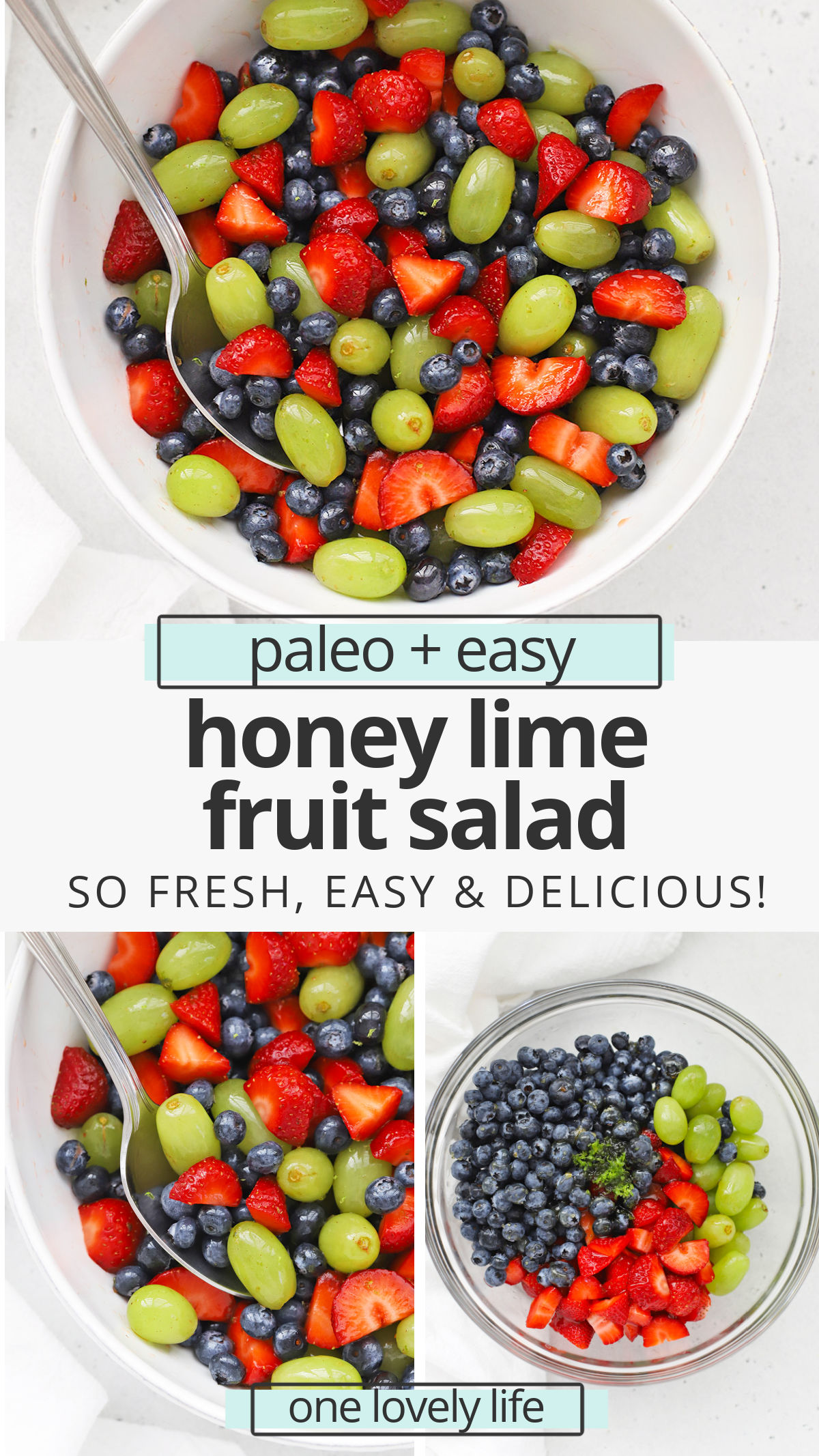 Honey Lime Fruit Salad is my favorite side dish. It's perfect for weeknight dinners, baby or wedding showers, barbecues, and more! // honey lime fruit salad recipe // healthy fruit salad // paleo fruit salad // fruit salad recipe // honey lime dressing #fruitsalad #honeylime #potluck #picnic #barbecue #sidedish #brunch #paleo