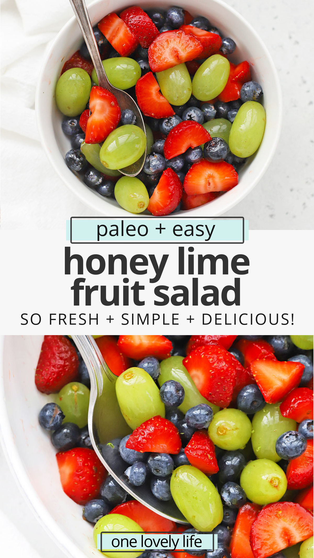 Honey Lime Fruit Salad is my favorite side dish. It's perfect for weeknight dinners, baby or wedding showers, barbecues, and more! // honey lime fruit salad recipe // healthy fruit salad // paleo fruit salad // fruit salad recipe // honey lime dressing