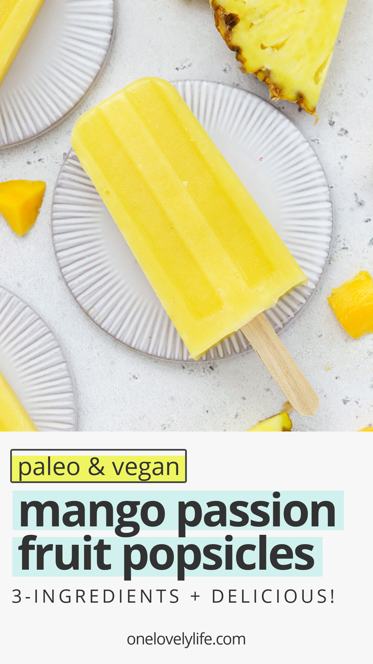 Mango Passion Fruit Popsicles - These refreshing mango popsicles taste like a tropical vacation! They're perfect healthy popsicles for a hot day. (Paleo, Vegan) // Mango Passionfruit Popsicles // Paleo popsicles // fruit popsicles // tropical popsicles // vegan popsicles // yellow popsicles
