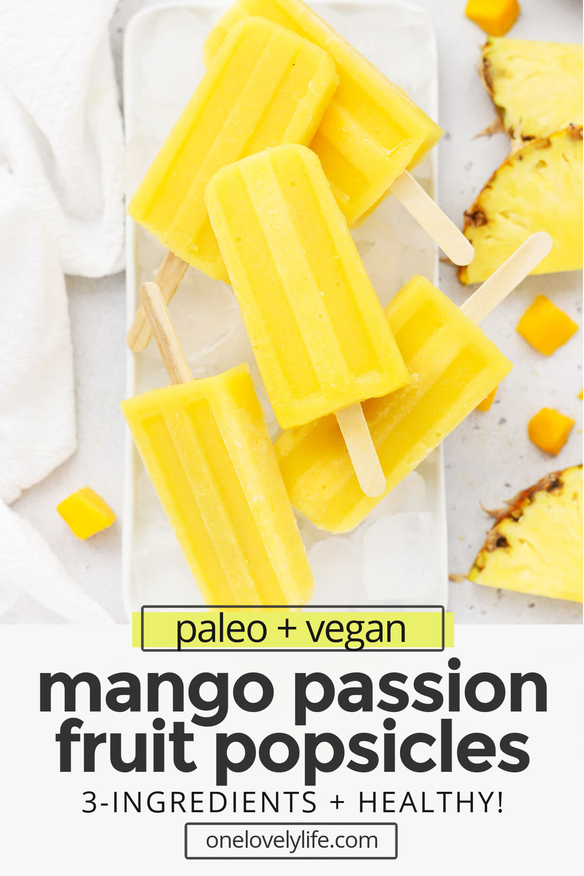Mango Passion Fruit Popsicles - These refreshing mango popsicles taste like a tropical vacation! They're perfect healthy popsicles for a hot day. (Paleo, Vegan) // Mango Passionfruit Popsicles // Paleo popsicles // fruit popsicles // tropical popsicles // vegan popsicles // yellow popsicles