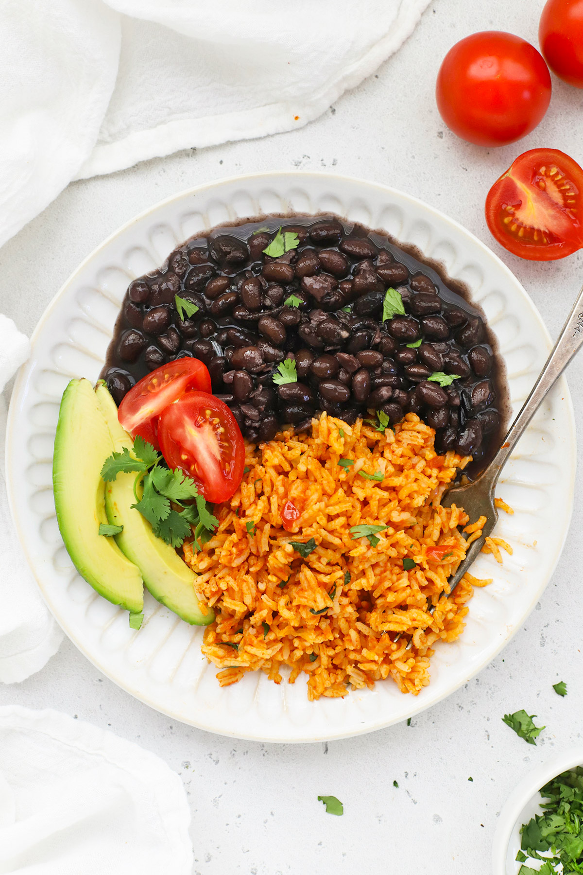 Overhead view of Mexican rice served with black beans