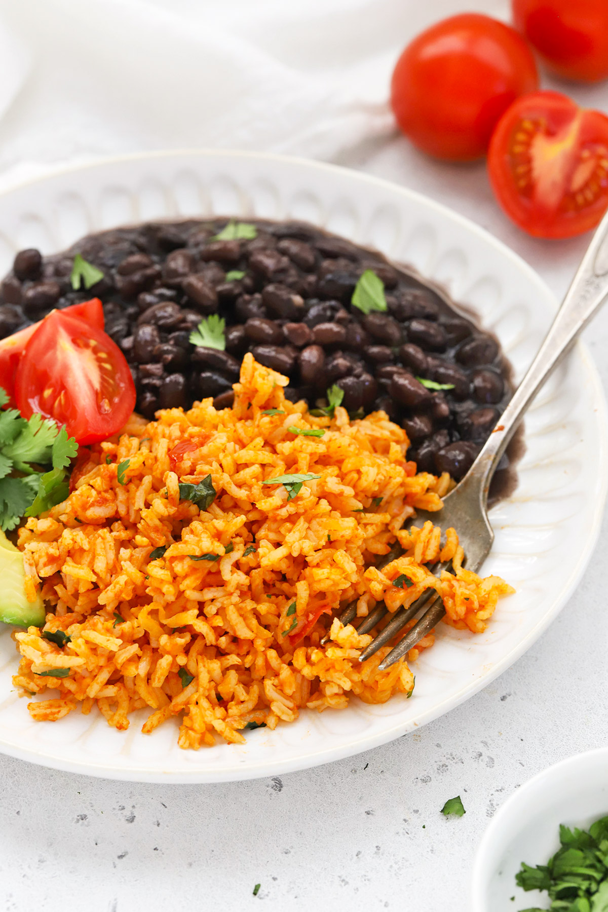 Front view of Mexican rice served with black beans