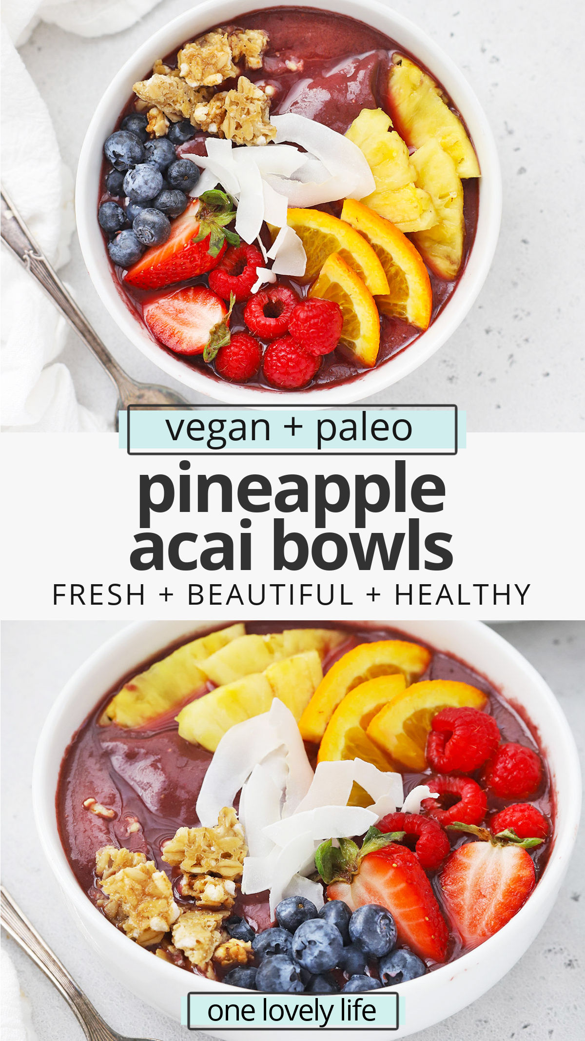 Pineapple Acai Bowls - These sweet, fresh tropical acai bowls are perfect for a hot day. Don't miss our list of toppings to try! (Vegan, Paleo) // Pineapple Acai Smoothie Bowl // Tropical Acai Bowl Recipe // Paleo Breakfast // Vegan Breakfast // Healthy Breakfast // Acai Bowls recipe // healthy snack #acai #smoothiebowl #acaibowl #vegan #paleo #healthy