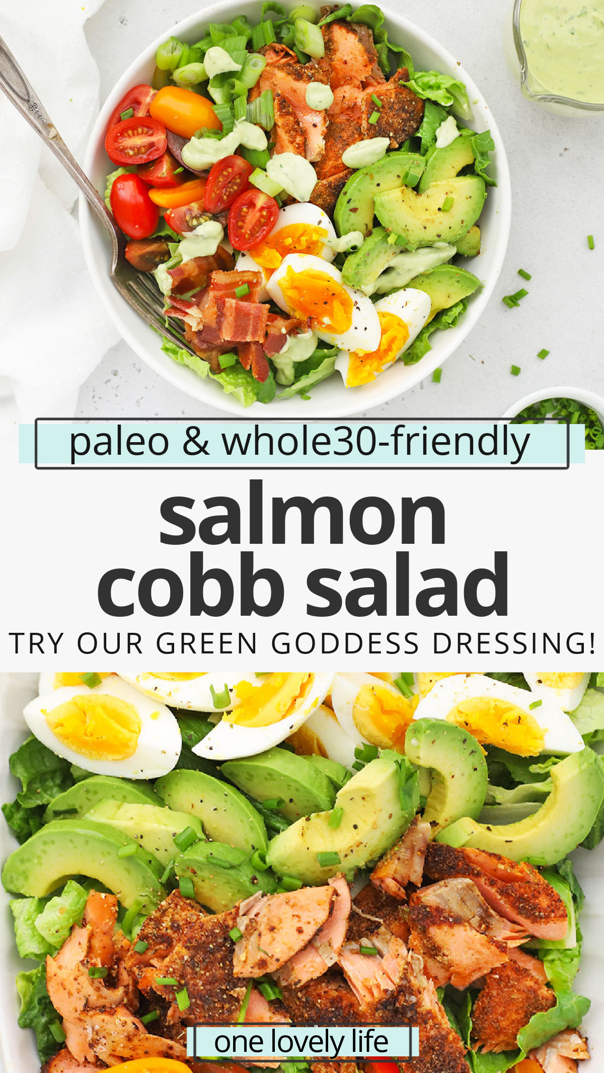 Blackened Salmon Cobb Salad - This salmon Cobb salad full of colorful veggies and finished with a creamy avocado green goddess dressing we can't get enough of! (Paleo, Whole30-Friendly) // Salmon Salad // Blackened Salmon Recipe // Salmon Cobb Recipe // Healthy Dinner #paleo #whole30 #cobbsalad #greengoddess