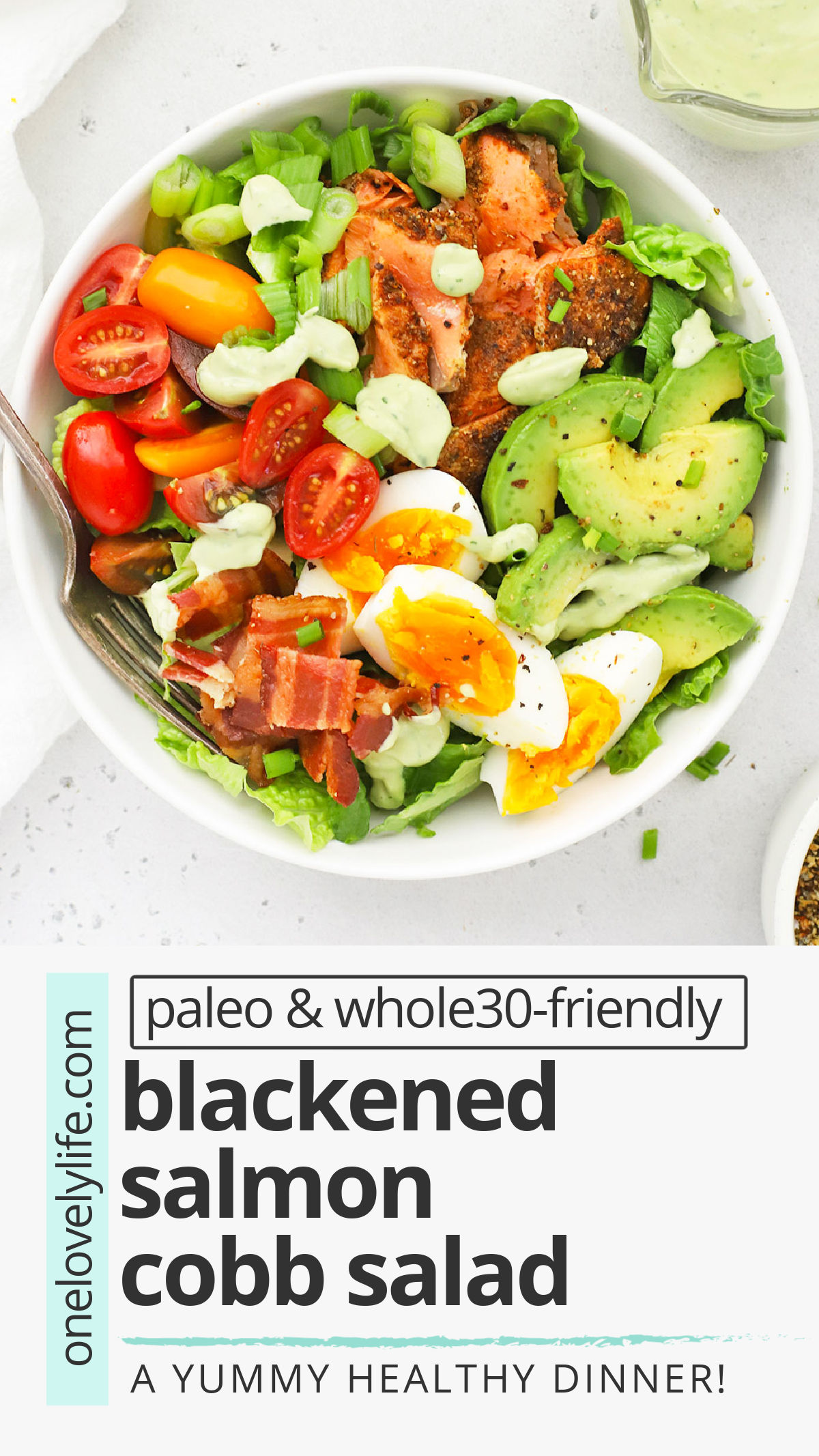 Blackened Salmon Cobb Salad - This salmon Cobb salad full of colorful veggies and finished with a creamy avocado green goddess dressing we can't get enough of! (Paleo, Whole30-Friendly) // Salmon Salad // Blackened Salmon Recipe // Salmon Cobb Recipe // Healthy Dinner #paleo #whole30 #cobbsalad #greengoddess
