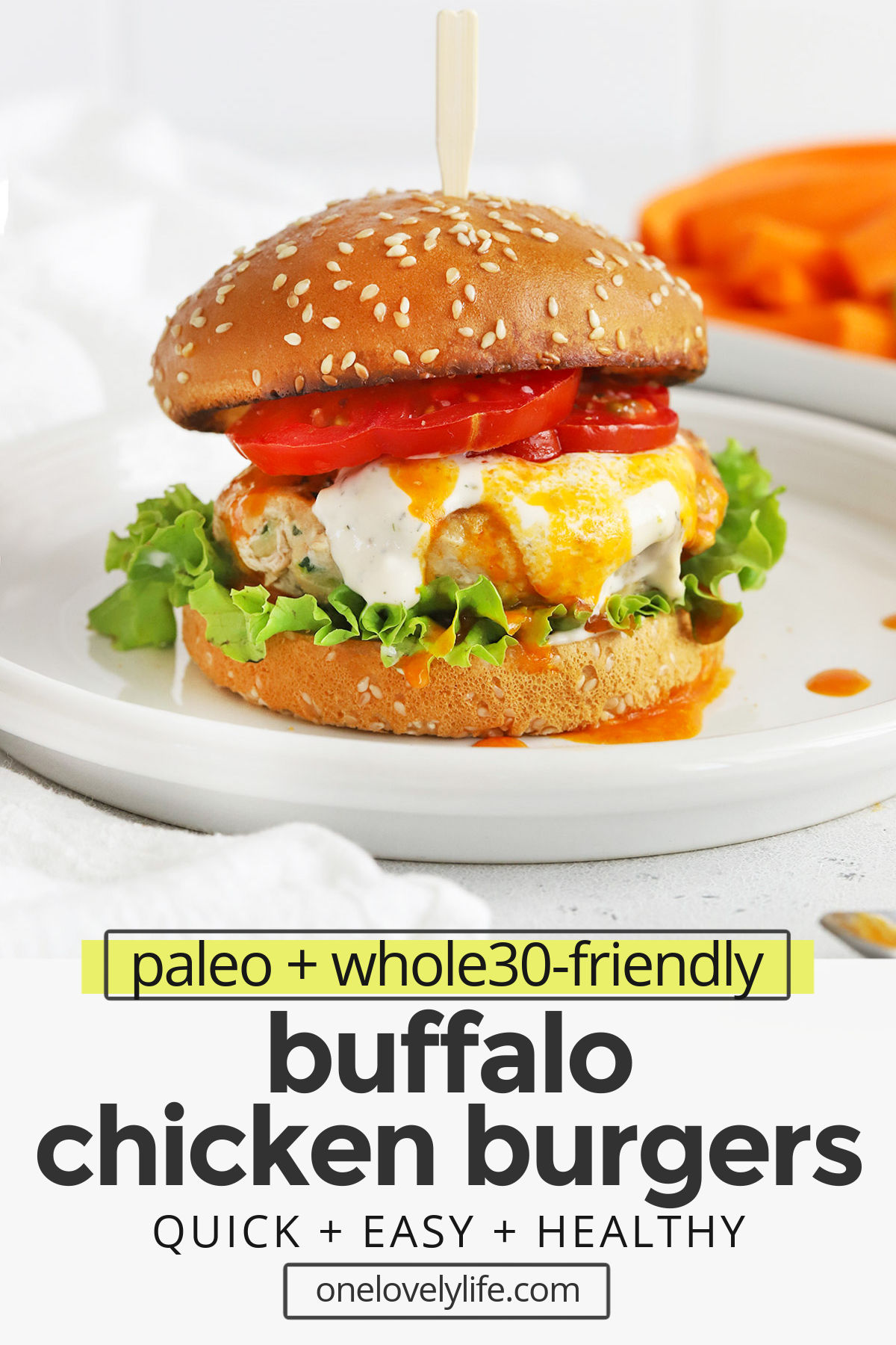 Healthy Buffalo Chicken Burgers - Lean chicken burgers with grated zucchini and a buffalo kick make a fresh, easy dinner any time! (Paleo & Whole30-Friendly) // paleo buffalo chicken burgers // whole30 buffalo chicken burgers // chicken burger recipe // healthy grilling recipe #glutenfree #burger #chicken #whole30 #paleo