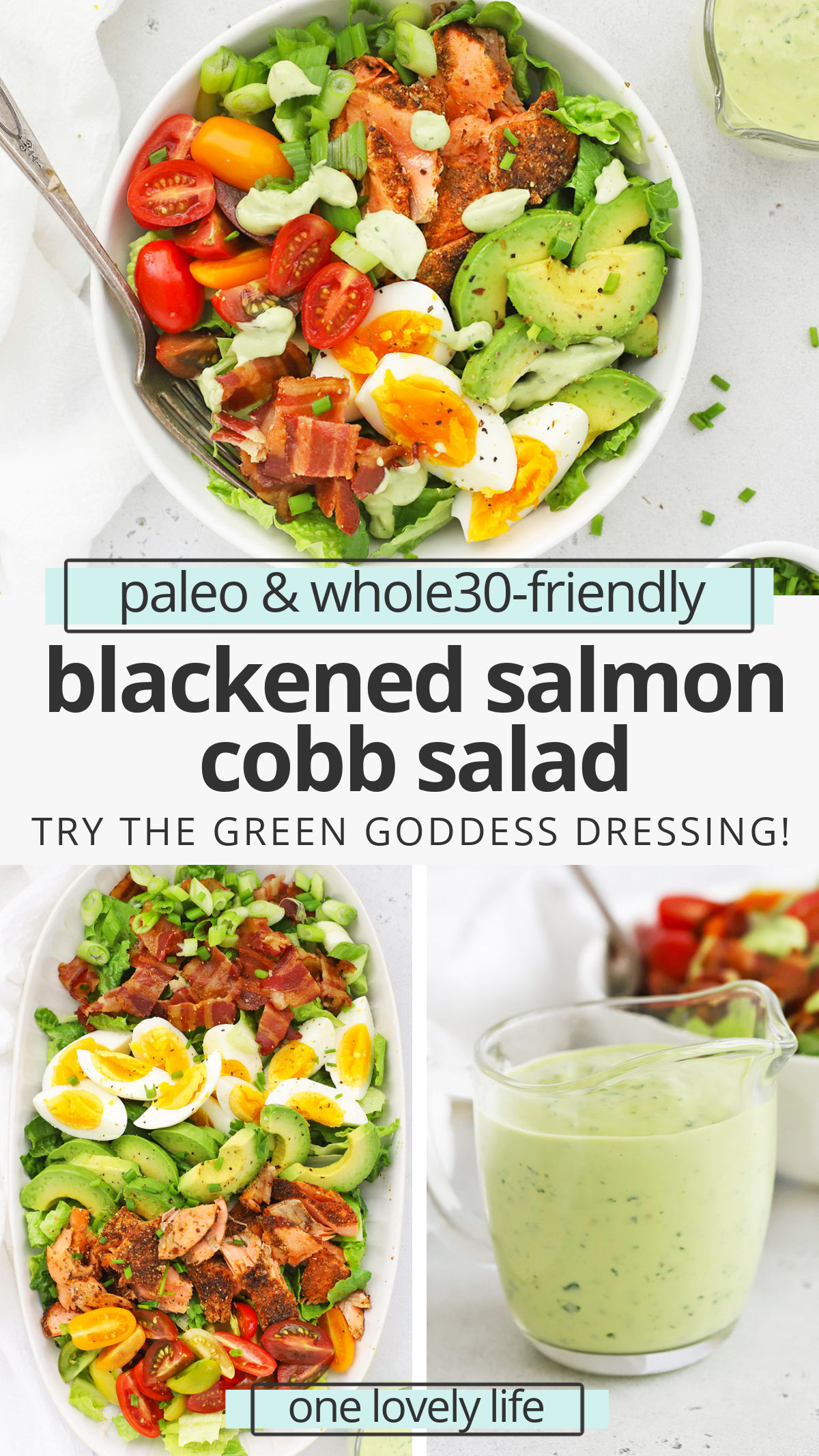 Blackened Salmon Cobb Salad - This salmon Cobb salad full of colorful veggies and finished with a creamy avocado green goddess dressing we can't get enough of! (Paleo, Whole30-Friendly) // Salmon Salad // Blackened Salmon Recipe // Salmon Cobb Recipe // Healthy Dinner // dinner salad // summer salad // green goddess salad // the best cobb salad // blackened cobb salad