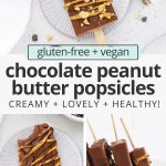Overhead view of healthy chocolate peanut butter popsicles drizzled with peanut butter & chocolate