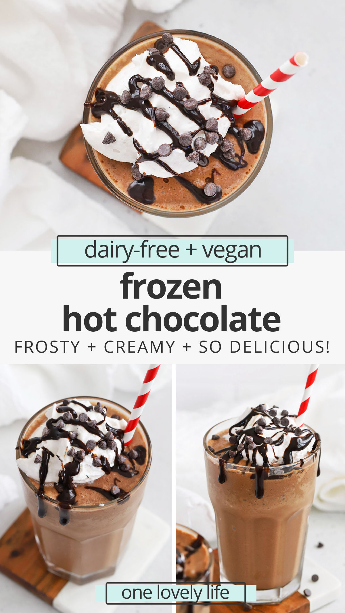 Vegan Frozen Hot Chocolate - This dairy-free frozen hot chocolate is frost, creamy, and so delicious with a swirl of whipped cream and some chocolate on top. You won't want to miss it! // Paleo Frozen Hot Chocolate // Healthy Frozen Hot Chocolate recipe // easy frozen hot chocolate // vegan serendipity frozen hot chocolate // homemade frozen hot chocolate
