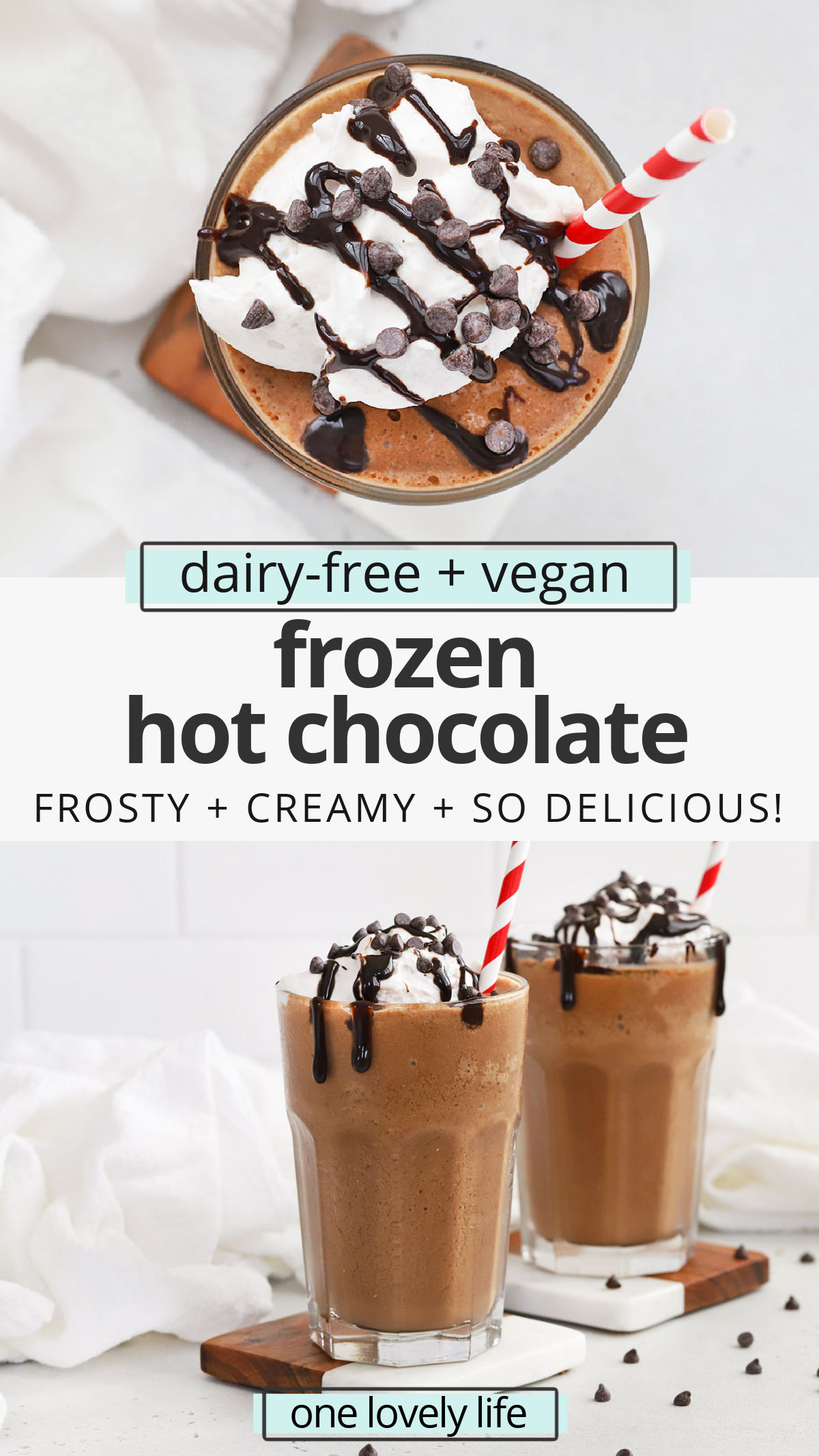 Vegan Frozen Hot Chocolate - This dairy-free frozen hot chocolate is frost, creamy, and so delicious with a swirl of whipped cream and some chocolate on top. You won't want to miss it! // Paleo Frozen Hot Chocolate // Healthy Frozen Hot Chocolate recipe #frozenhotchocolate #paleo #vegan #dairyfree #glutenfree