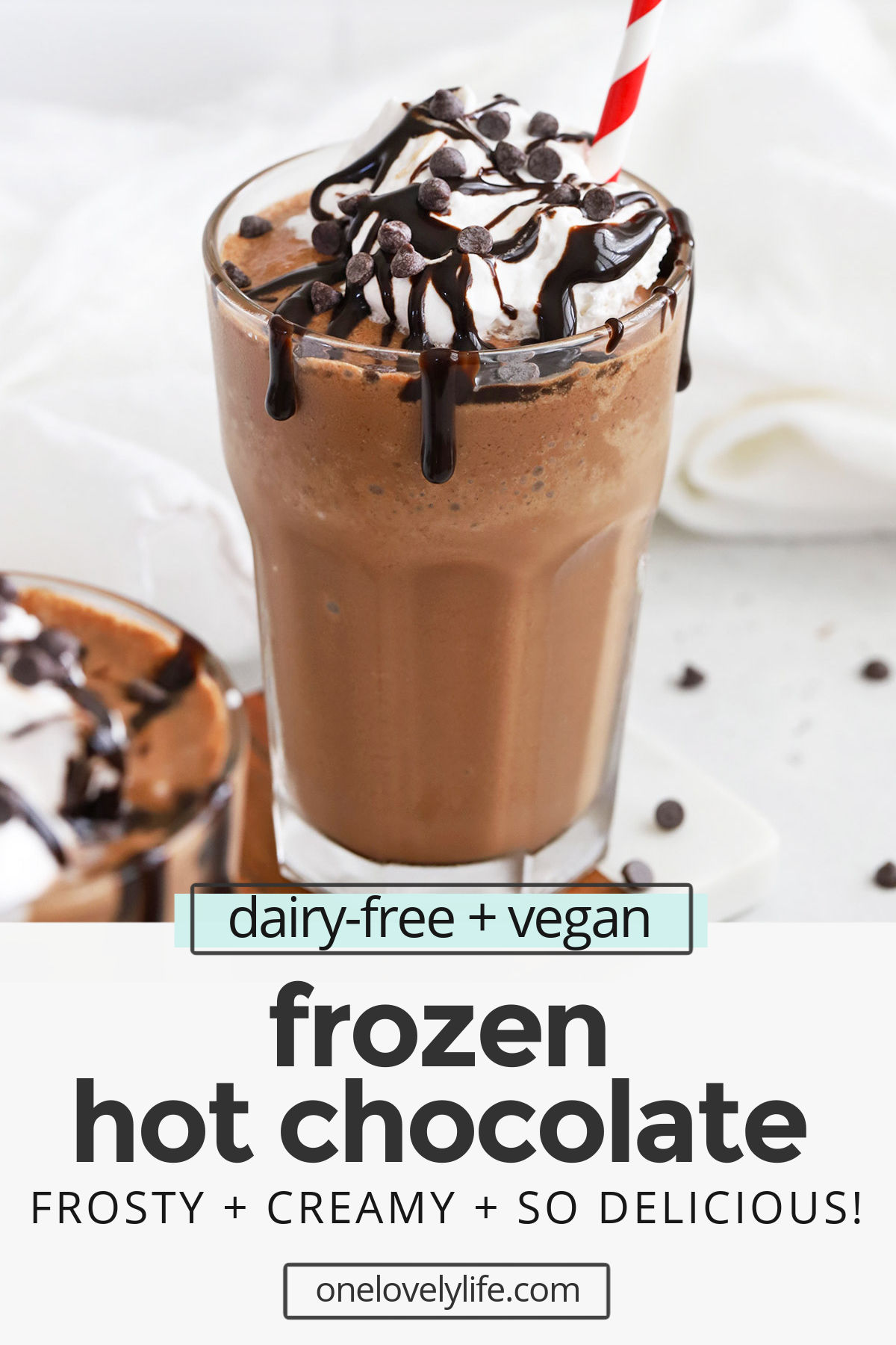 Vegan Frozen Hot Chocolate - This dairy-free frozen hot chocolate is frost, creamy, and so delicious with a swirl of whipped cream and some chocolate on top. You won't want to miss it! // Paleo Frozen Hot Chocolate // Healthy Frozen Hot Chocolate recipe #frozenhotchocolate #paleo #vegan #dairyfree #glutenfree