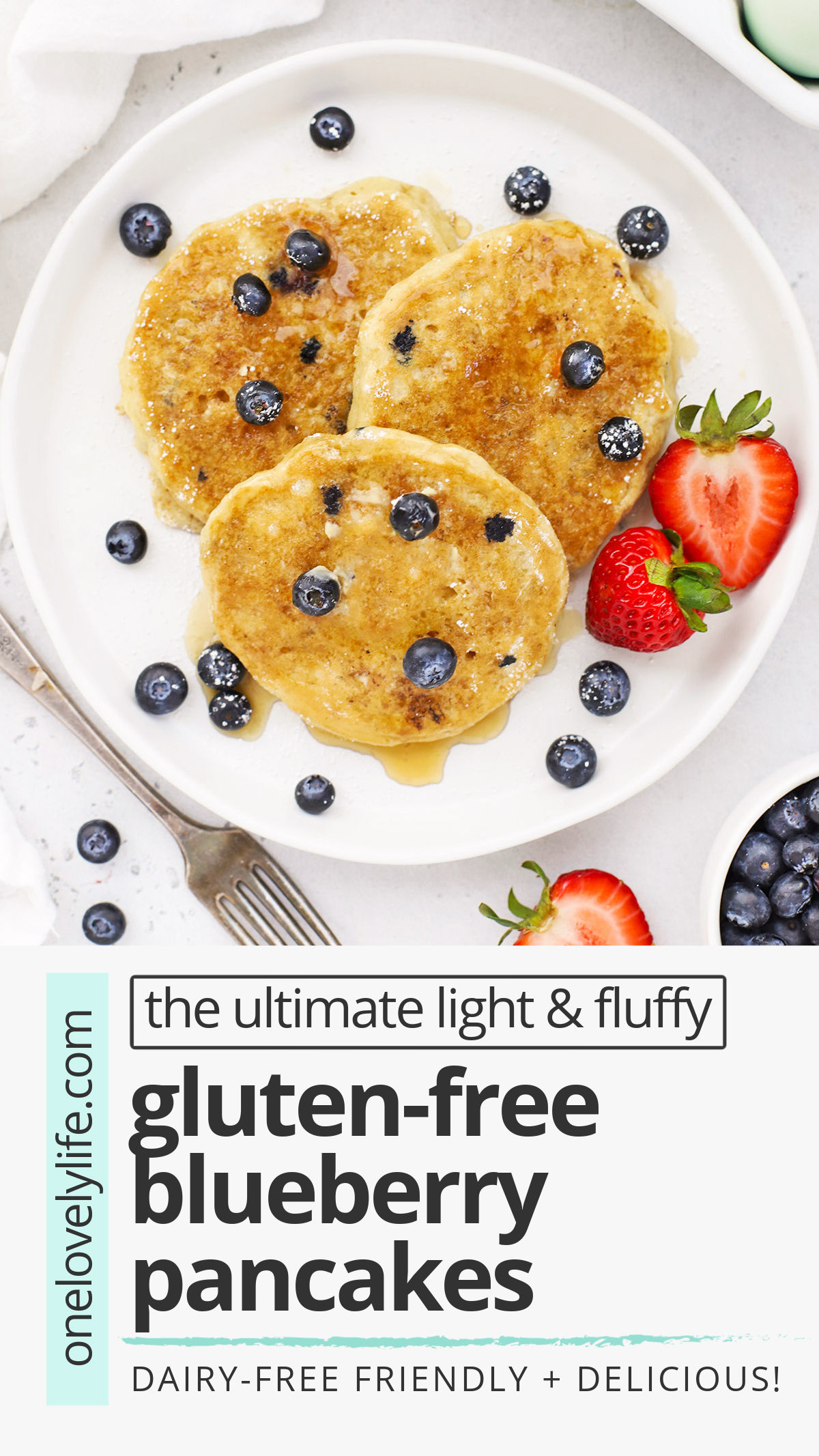 Fluffy Gluten-Free Blueberry Pancakes - These impossibly light, fluffy blueberry buttermilk pancakes are gluten-free, dairy-free & absolutely delicious. // gluten free blueberry pancakes recipe // dairy free blueberry pancakes // the best gluten-free blueberry pancakes // Gluten Free buttermilk blueberry pancakes