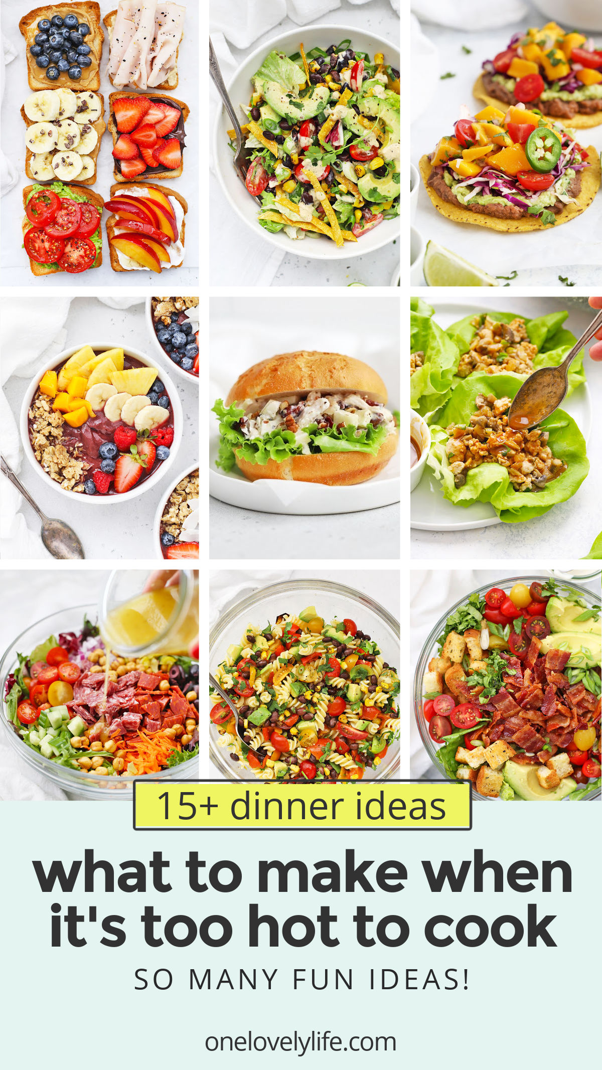 15+ Recipes to Make When It's Too Hot to Cook. These Low-Cook and No-Cook Dinners are Perfect for a Hot Day! Gluten-Free, Dairy-Free, Vegan, and Paleo Options Included! // No Cook Meals // No Cook Dinners // Summer Dinner Ideas // Dinner Ideas For Hot Weather // What To Eat When It's Too Hot To Cook // Healthy Summer Dinners