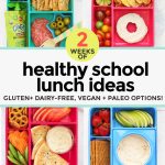 Ovehead collage of healthy school lunches in colorful lunch boxes