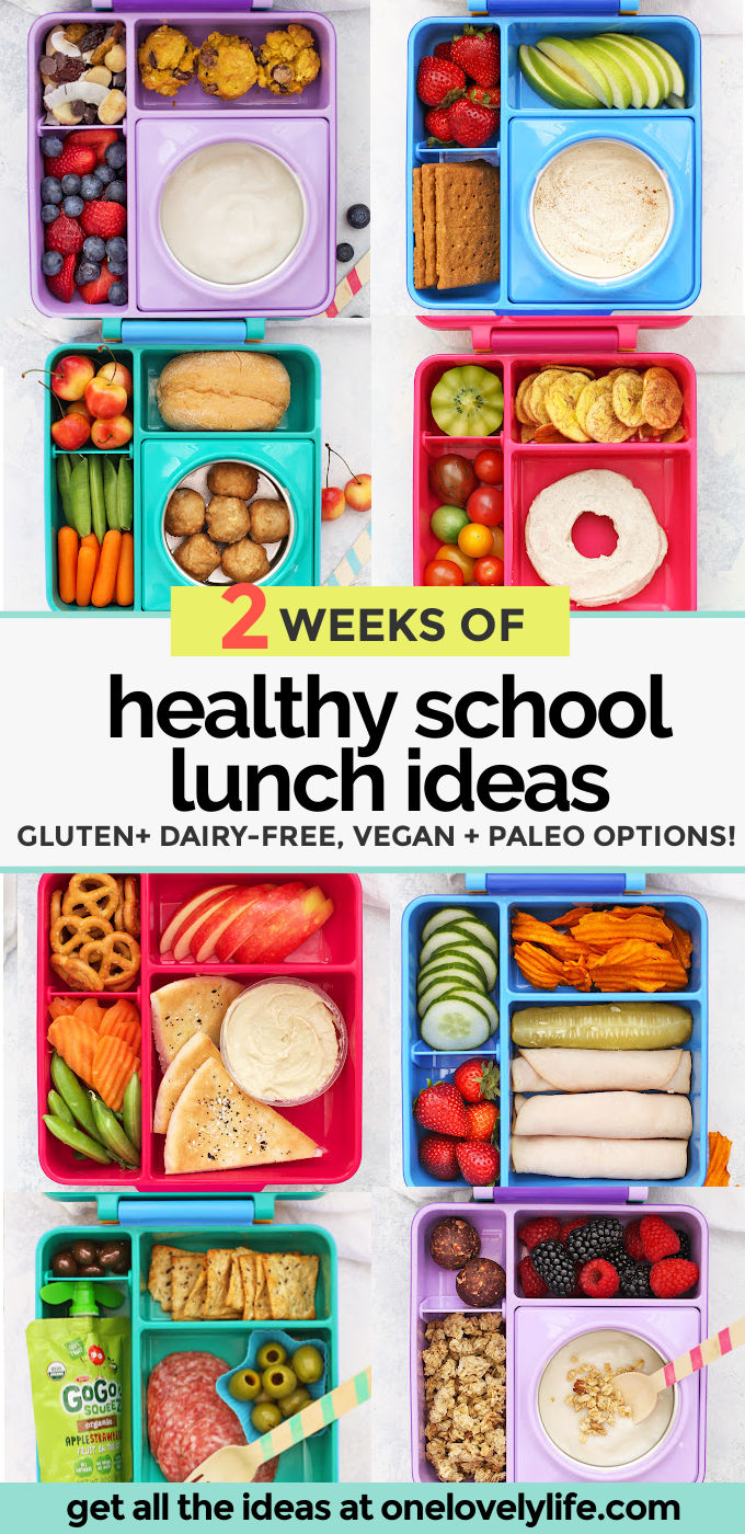 Get 2 Weeks of Healthy School Lunch Ideas in this post, plus a free printable packed lunch cheat sheet for creating your own combinations! // Gluten free school lunch ideas // paleo school lunch // paleo lunch for kids // vegan school lunch ideas // healthy school lunches // dairy free school lunch ideas // school lunch inspiration // kids bento box // kids bento lunch // toddler lunch // omie box // gluten free school lunch ideas // gluten free packed lunch ideas // gluten free kids lunch ideas