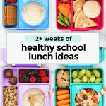 Ovehead collage of healthy school lunches in colorful lunch boxes